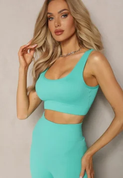 Miętowy Prążkowany Biustonosz Sportowy z Elastycznego Materiału Blunemia