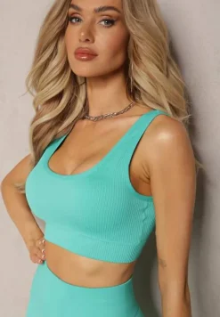 Miętowy Prążkowany Biustonosz Sportowy z Elastycznego Materiału Blunemia