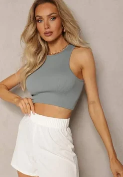 Miętowy Prążkowany Top Sportowy Elastyczny Mariettesa