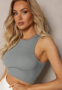 Miętowy Prążkowany Top Sportowy Elastyczny Mariettesa