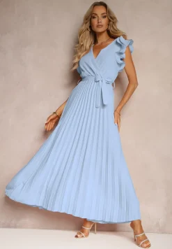 Niebieska Kopertowa Sukienka z Gumką w Pasie i Materiałowym Paskiem Ozdobiona Falbankami Tiamatalia