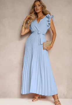 Niebieska Kopertowa Sukienka z Gumką w Pasie i Materiałowym Paskiem Ozdobiona Falbankami Tiamatalia