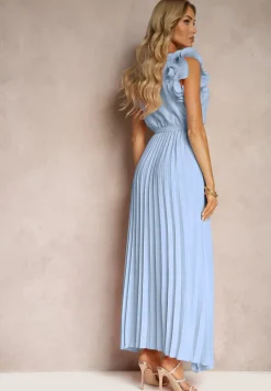 Niebieska Kopertowa Sukienka z Gumką w Pasie i Materiałowym Paskiem Ozdobiona Falbankami Tiamatalia