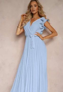 Niebieska Kopertowa Sukienka z Gumką w Pasie i Materiałowym Paskiem Ozdobiona Falbankami Tiamatalia