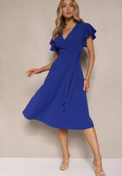 Niebieska Kopertowa Sukienka z Rozkloszowanym Dołem i Ozdobnym Wiązaniem Dannola