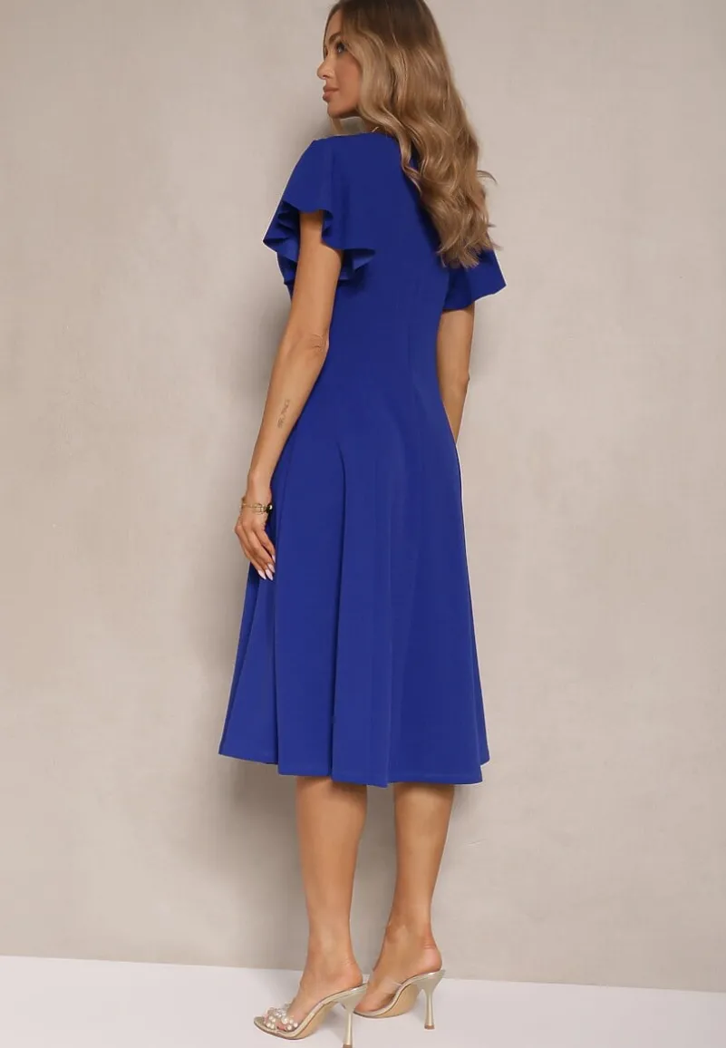 Niebieska Kopertowa Sukienka z Rozkloszowanym Dołem i Ozdobnym Wiązaniem Dannola