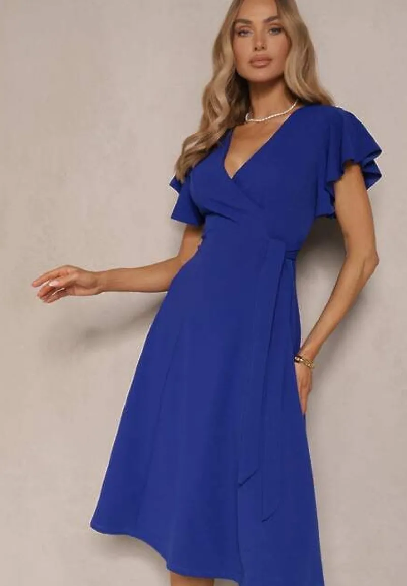 Niebieska Kopertowa Sukienka z Rozkloszowanym Dołem i Ozdobnym Wiązaniem Dannola