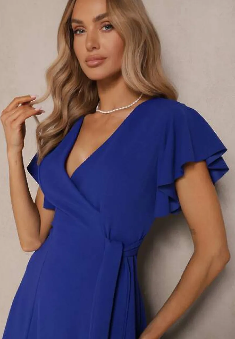 Niebieska Kopertowa Sukienka z Rozkloszowanym Dołem i Ozdobnym Wiązaniem Dannola