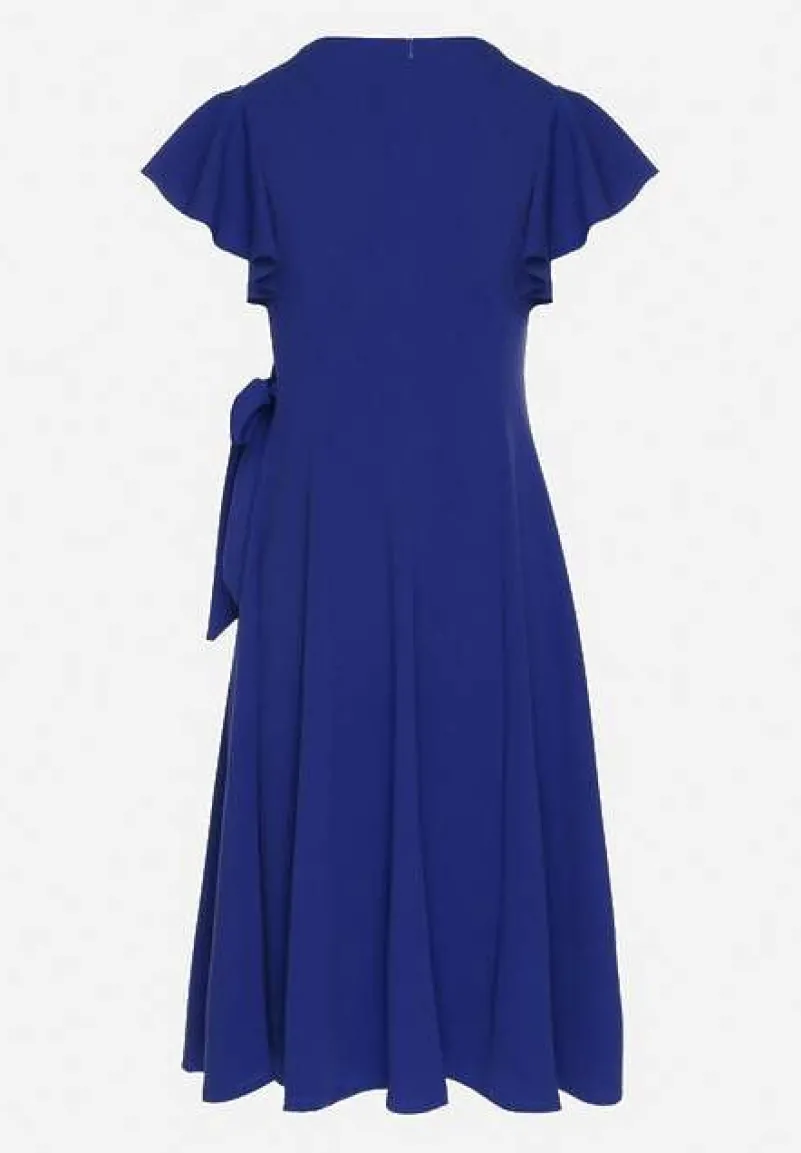 Niebieska Kopertowa Sukienka z Rozkloszowanym Dołem i Ozdobnym Wiązaniem Dannola