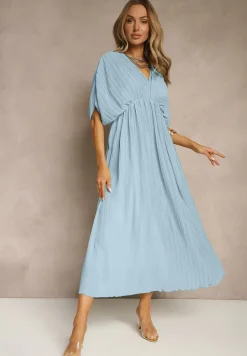 Niebieska Luźna Sukienka Wiązana na Szyi Taliowana z Rozkloszowanym Dołem Napovira