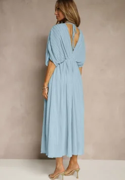 Niebieska Luźna Sukienka Wiązana na Szyi Taliowana z Rozkloszowanym Dołem Napovira