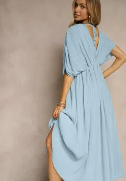 Niebieska Luźna Sukienka Wiązana na Szyi Taliowana z Rozkloszowanym Dołem Napovira
