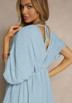 Niebieska Luźna Sukienka Wiązana na Szyi Taliowana z Rozkloszowanym Dołem Napovira