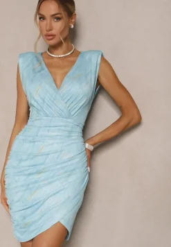 Niebieska Marszczona Sukienka z Siateczki Dopasowana Zeiriane