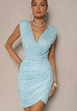 Niebieska Marszczona Sukienka z Siateczki Dopasowana Zeiriane