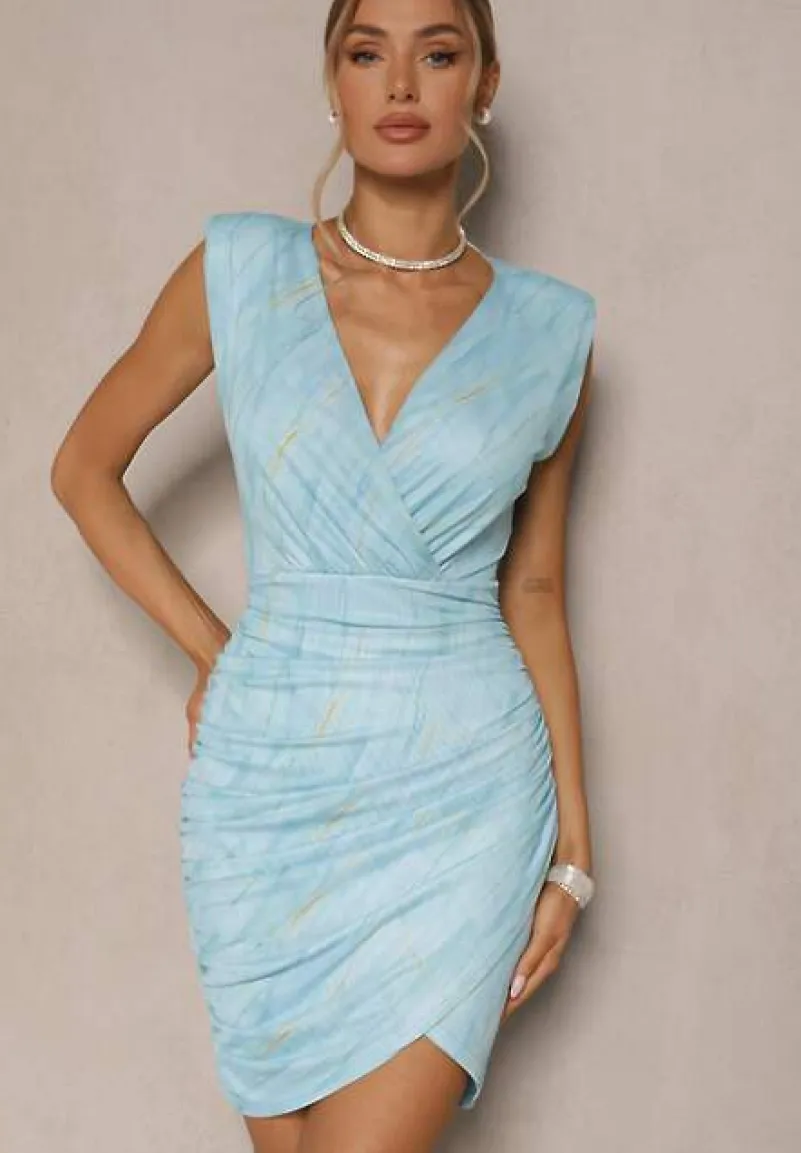 Niebieska Marszczona Sukienka z Siateczki Dopasowana Zeiriane