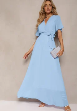 Niebieska Plisowana Sukienka z Kopertowym Dekoltem i Gumką w Talii Dimitris
