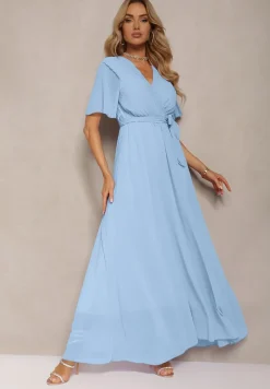 Niebieska Plisowana Sukienka z Kopertowym Dekoltem i Gumką w Talii Dimitris