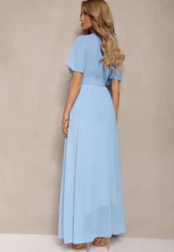 Niebieska Plisowana Sukienka z Kopertowym Dekoltem i Gumką w Talii Dimitris