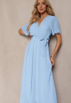 Niebieska Plisowana Sukienka z Kopertowym Dekoltem i Gumką w Talii Dimitris