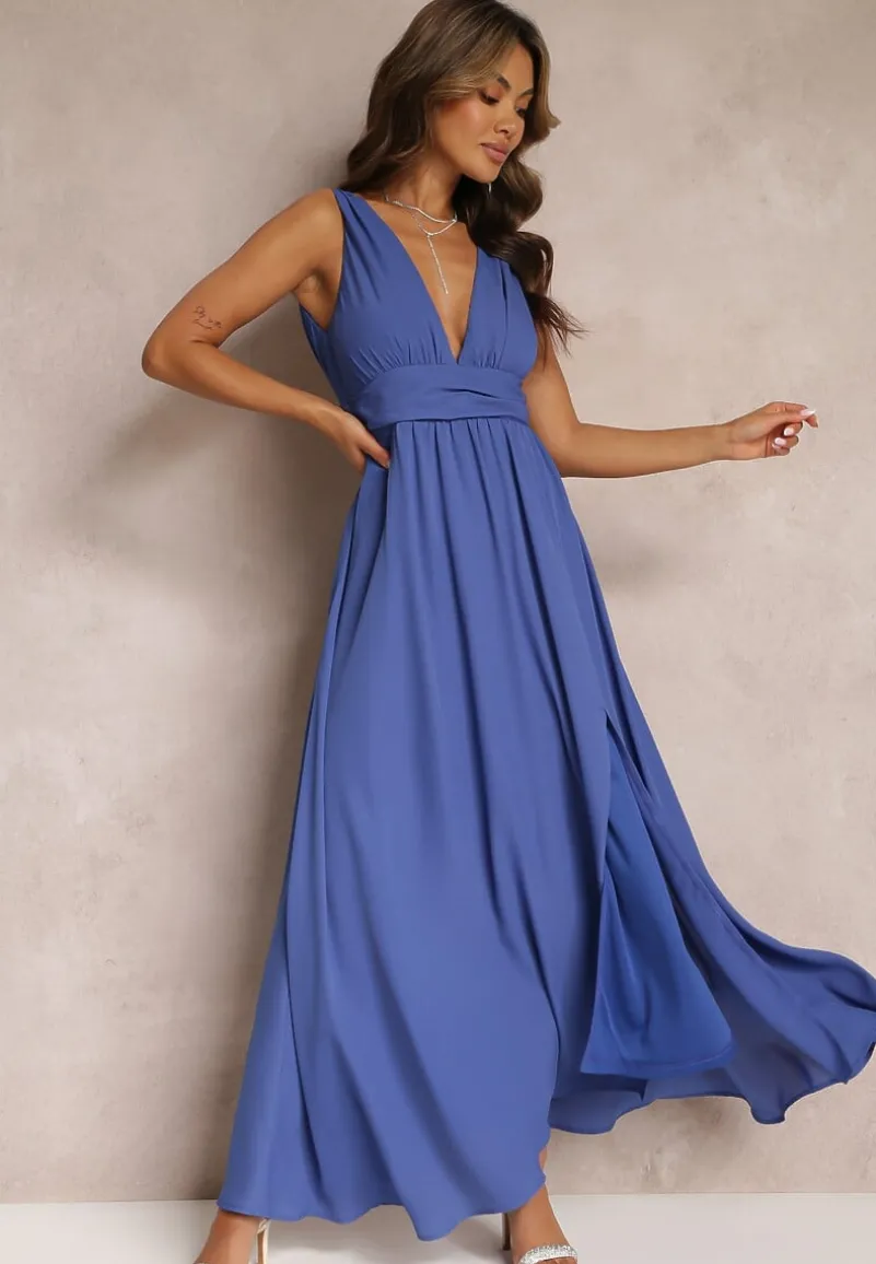 Niebieska Rozkloszowana Sukienka Maxi na Ramiączkach z Rozcięciem Ernames