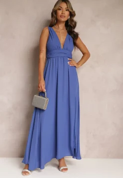 Niebieska Rozkloszowana Sukienka Maxi na Ramiączkach z Rozcięciem Ernames