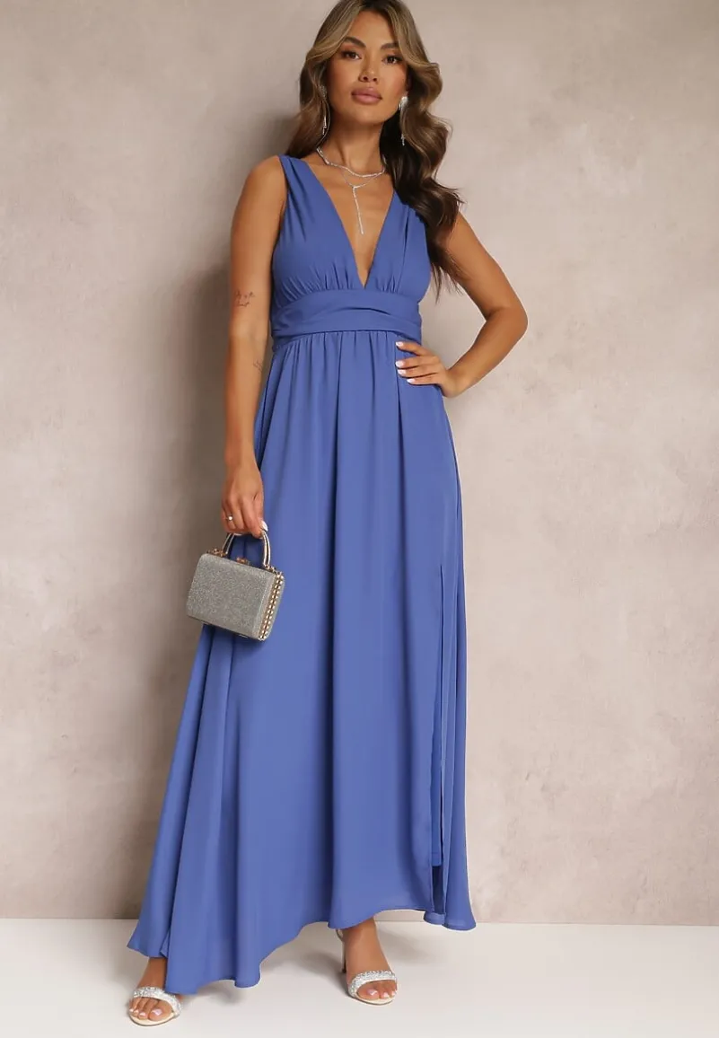 Niebieska Rozkloszowana Sukienka Maxi na Ramiączkach z Rozcięciem Ernames