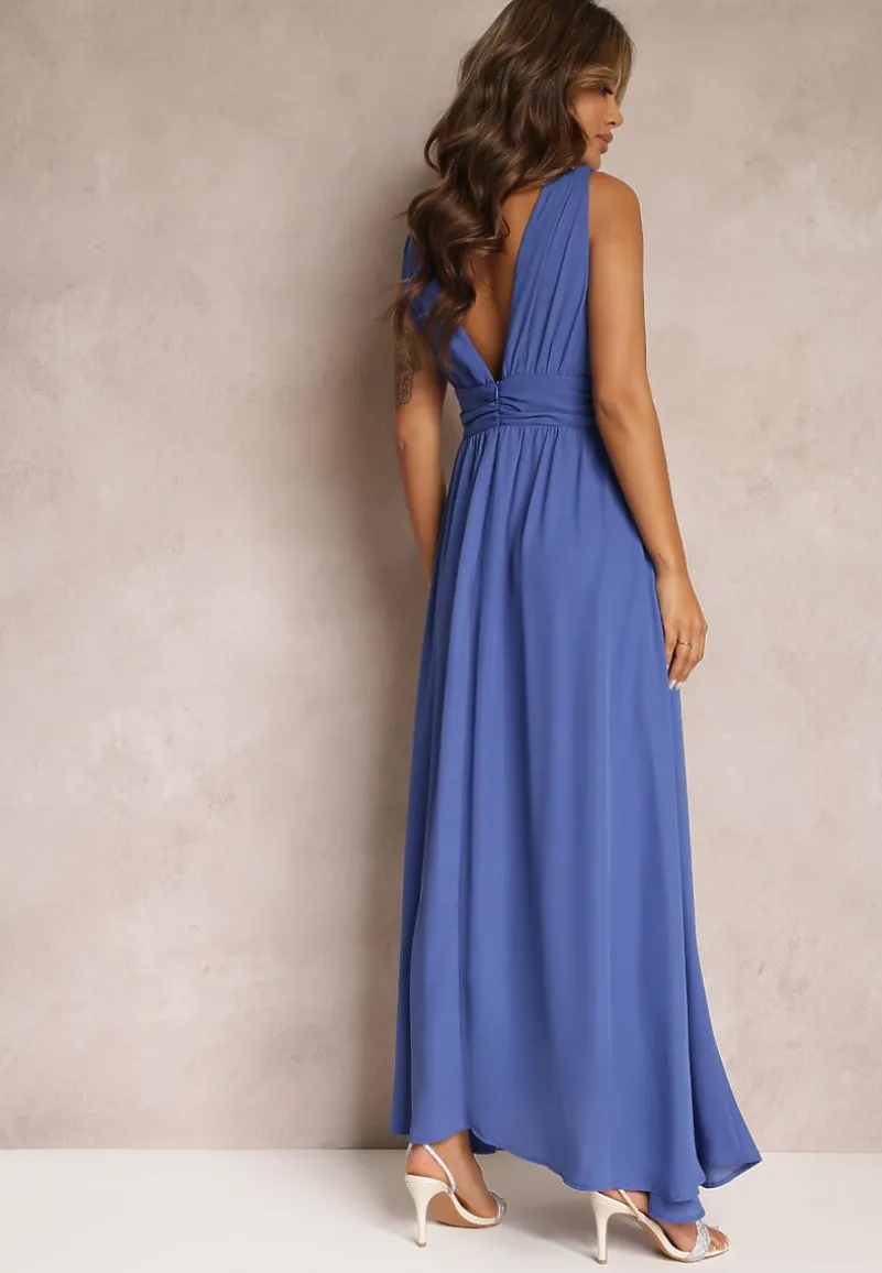 Niebieska Rozkloszowana Sukienka Maxi na Ramiączkach z Rozcięciem Ernames