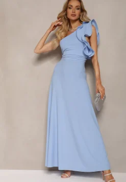 Niebieska Rozkloszowana Sukienka Asymetryczna z Dużymi Falbanami przy Ramionach Cevada