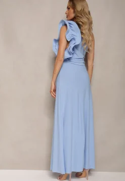 Niebieska Rozkloszowana Sukienka Asymetryczna z Dużymi Falbanami przy Ramionach Cevada
