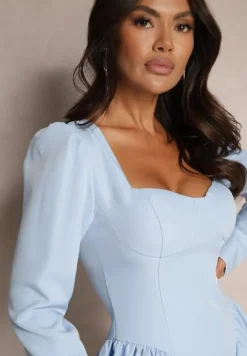 Niebieska Rozkloszowana Sukienka Koktajlowa z Gorsetową Górą i Falbankami Arisora