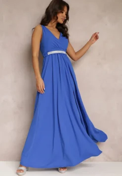 Niebieska Rozkloszowana Sukienka z Wycięciem i Paskiem w Cyrkonie Elineta