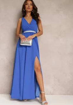 Niebieska Rozkloszowana Sukienka z Wycięciem i Paskiem w Cyrkonie Elineta