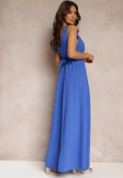 Niebieska Rozkloszowana Sukienka z Wycięciem i Paskiem w Cyrkonie Elineta