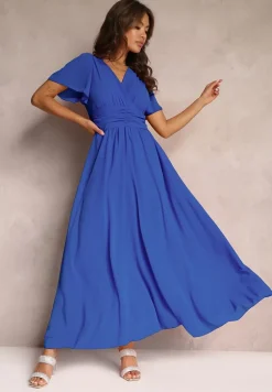 Niebieska Rozkloszowana Sukienka z Kopertowym Dekoltem Obillis