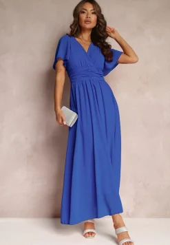 Niebieska Rozkloszowana Sukienka z Kopertowym Dekoltem Obillis