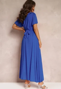 Niebieska Rozkloszowana Sukienka z Kopertowym Dekoltem Obillis