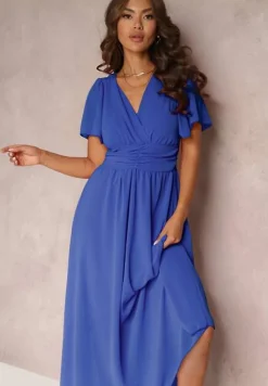 Niebieska Rozkloszowana Sukienka z Kopertowym Dekoltem Obillis