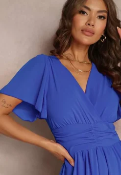 Niebieska Rozkloszowana Sukienka z Kopertowym Dekoltem Obillis