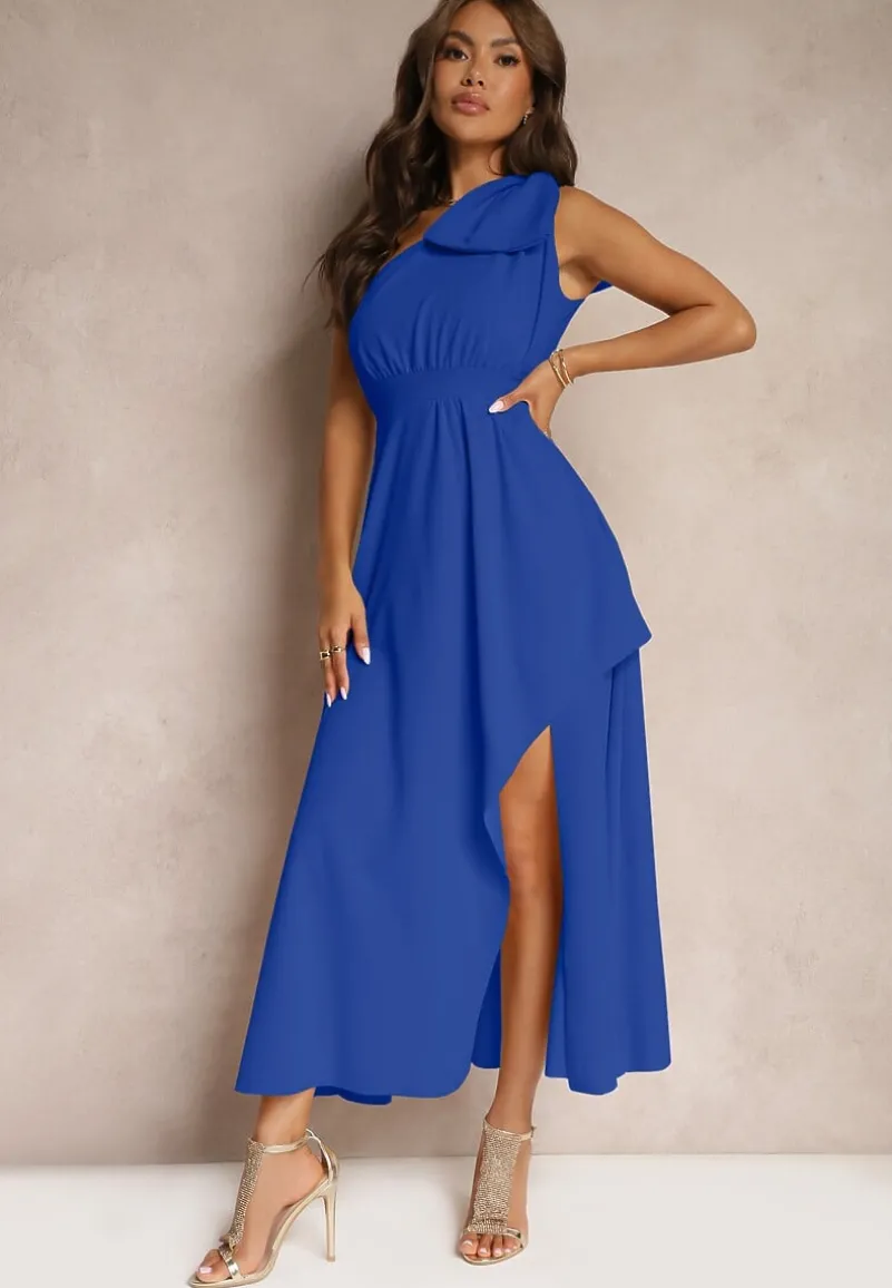 Niebieska Sukienka Koktajlowa o Asymetrycznym Kroju na Jedno Ramię Ozdobiona Kokardą Vimorissa