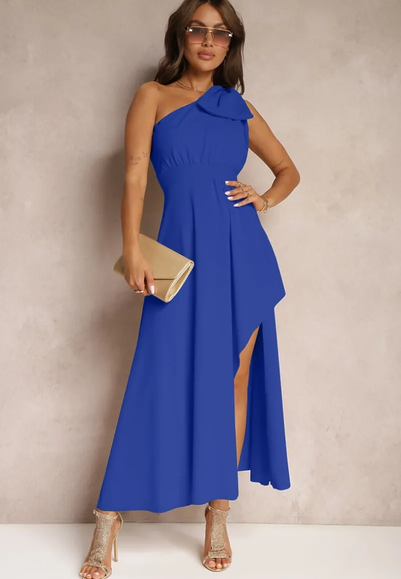 Niebieska Sukienka Koktajlowa o Asymetrycznym Kroju na Jedno Ramię Ozdobiona Kokardą Vimorissa