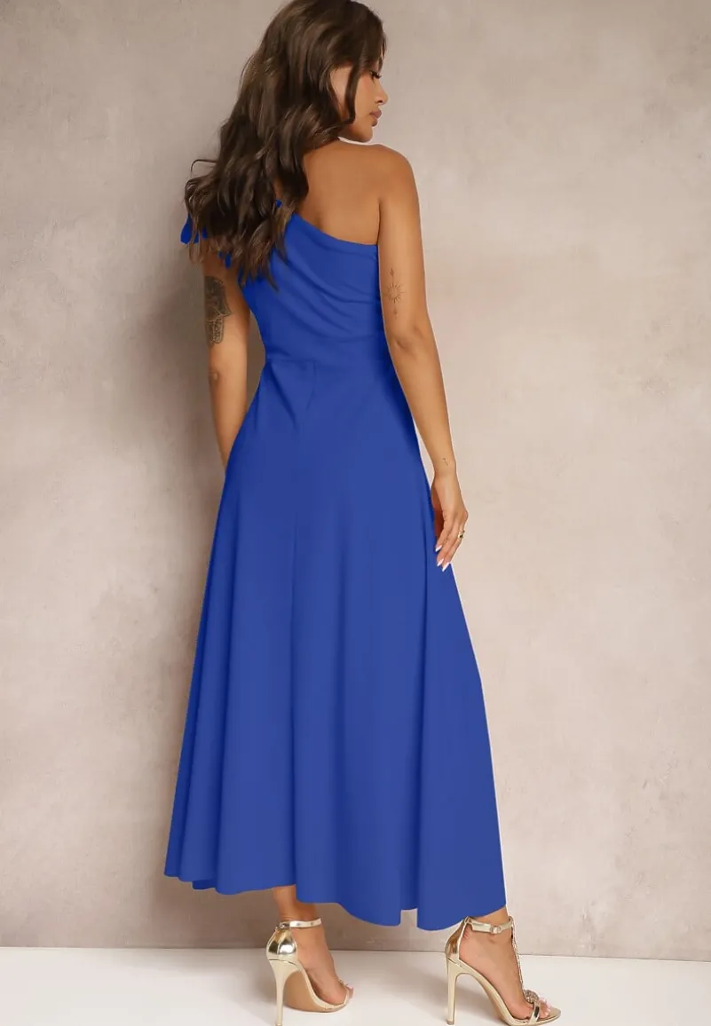 Niebieska Sukienka Koktajlowa o Asymetrycznym Kroju na Jedno Ramię Ozdobiona Kokardą Vimorissa