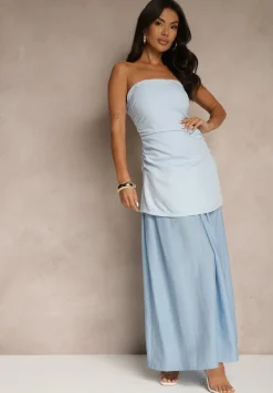 Niebieska Sukienka Koktajlowa z Dekoltem Bandeau Ozdobiona Marszczeniem Folimmea