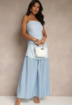 Niebieska Sukienka Koktajlowa z Dekoltem Bandeau Ozdobiona Marszczeniem Folimmea