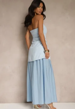 Niebieska Sukienka Koktajlowa z Dekoltem Bandeau Ozdobiona Marszczeniem Folimmea