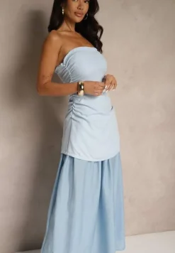 Niebieska Sukienka Koktajlowa z Dekoltem Bandeau Ozdobiona Marszczeniem Folimmea