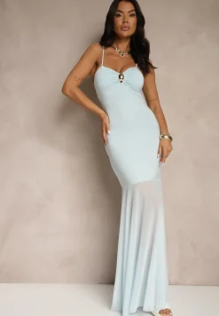 Niebieska Sukienka na Ramiączkach z Wiskozą z Siateczkowym Zdobieniem Savorielle