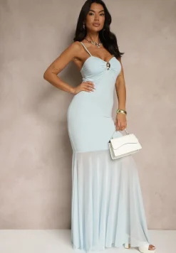 Niebieska Sukienka na Ramiączkach z Wiskozą z Siateczkowym Zdobieniem Savorielle