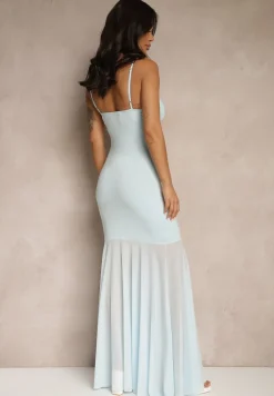 Niebieska Sukienka na Ramiączkach z Wiskozą z Siateczkowym Zdobieniem Savorielle