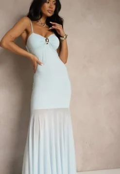 Niebieska Sukienka na Ramiączkach z Wiskozą z Siateczkowym Zdobieniem Savorielle